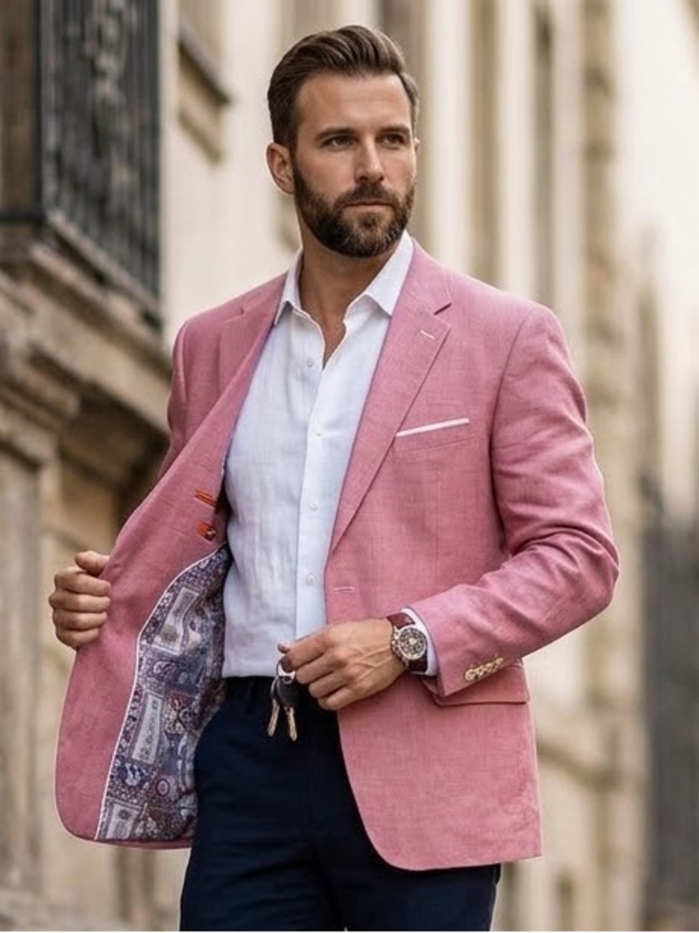 TALLIA Men Pink Linen Blazer Jacket Size 50R Arm Patchwork Party Cocktail Travel